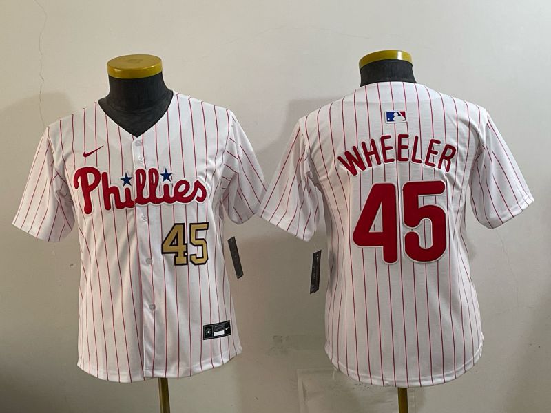 Youth 2026 Philadelphia Phillies #45 Wheeler White Game Nike MLB Jersey style 03->youth mlb jersey->Youth Jersey
